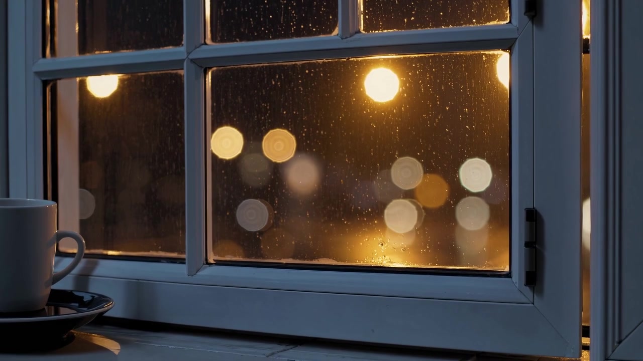 Rainy Night Outside a Window with Warm Bokeh Lights