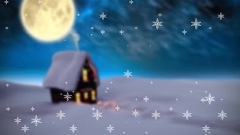animación de nieve cayendo en el paisaje de invierno de la noche con la casa vista a través de la ventana