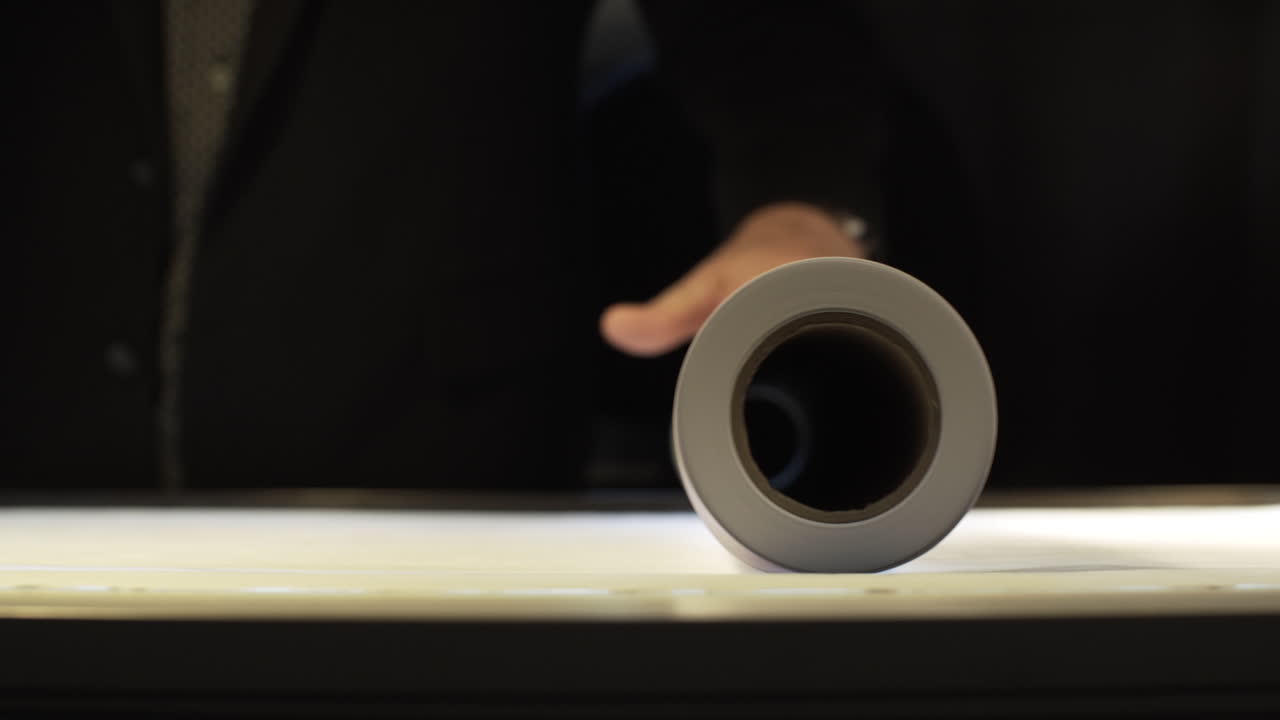 ingeniero arquitecto desplegando planos en el escritorio en el estudio