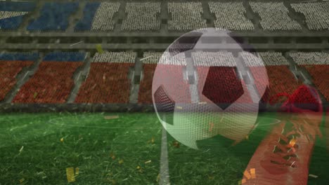 Animation-of-confetti-falling-and-sports-stadium-with-flag-of-chile-over-sports-shoes-and-football