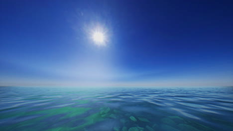 calm ocean water with a bright sun in the blue sky