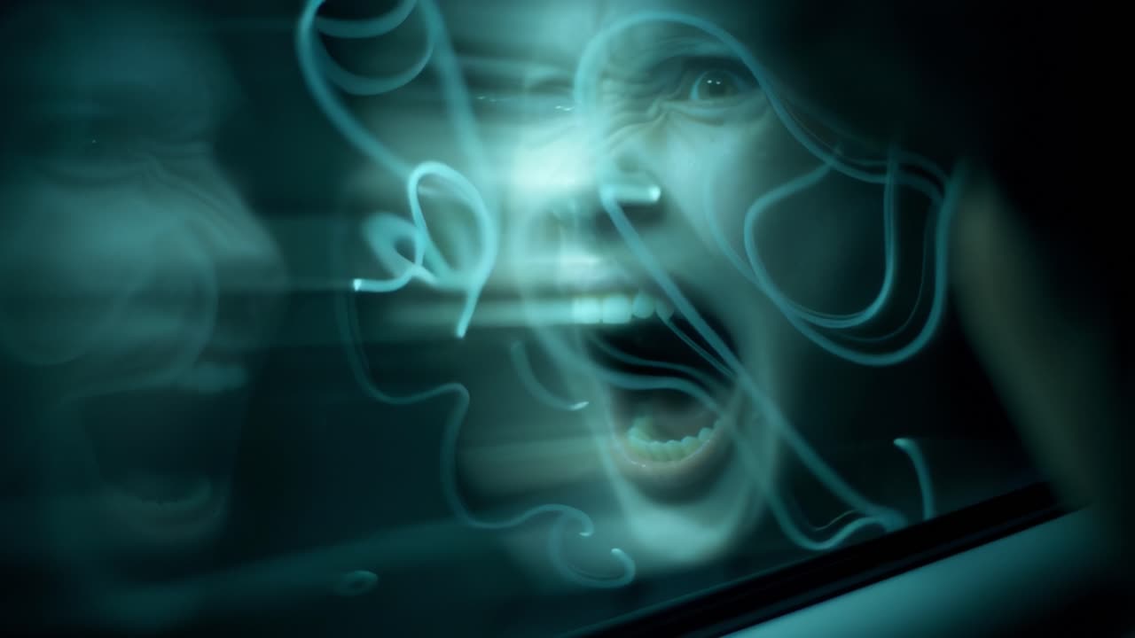 A Haunting Reflection: Capturing the Intensity of Emotion in Distorted Glass Surfaces as a Figure Screams from the Shadowy Depths of a Dark and Mysterious Environment