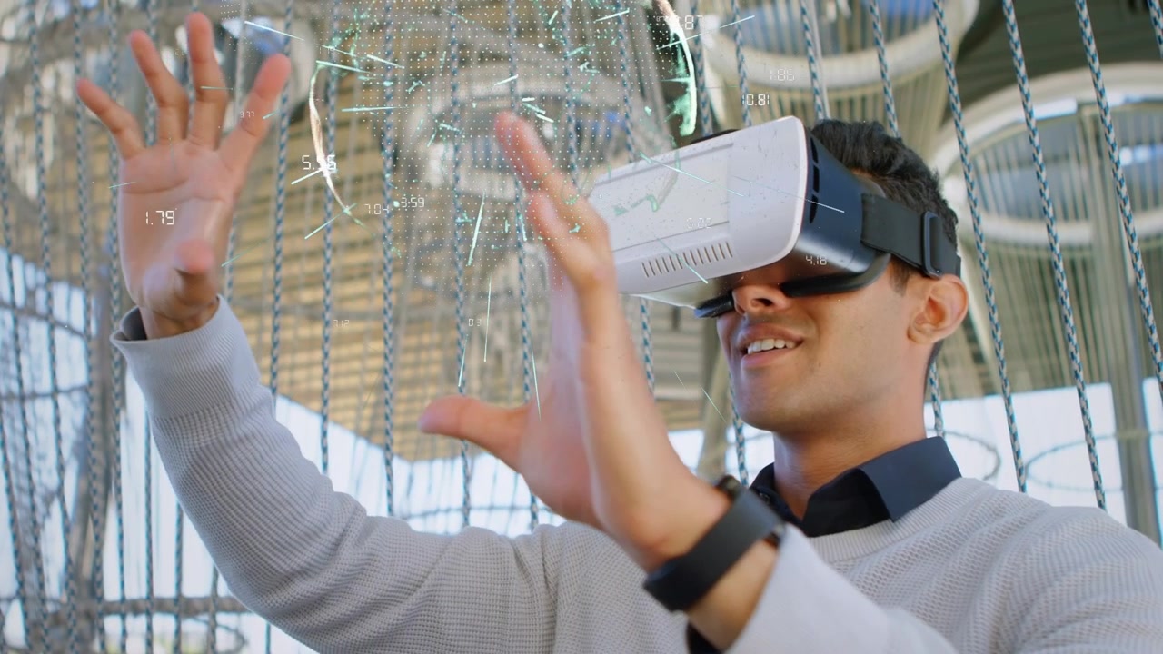 Animace zpracování dat na pozadí obchodníka používajícího VR headset