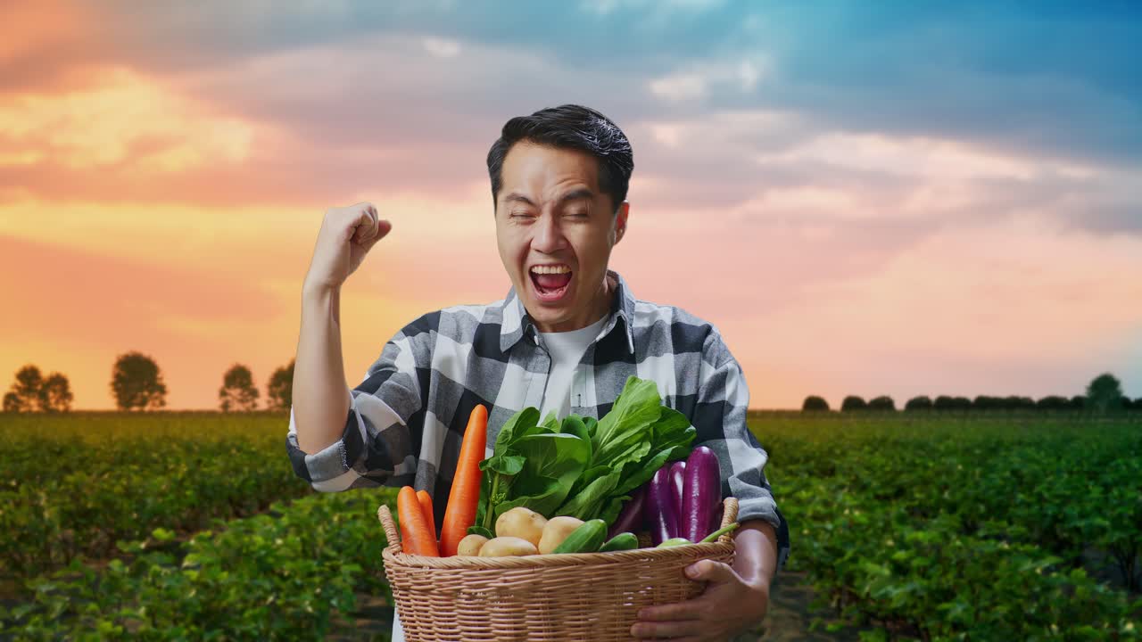 신선 한 채소 바구니 를 가진 행복 한 농부