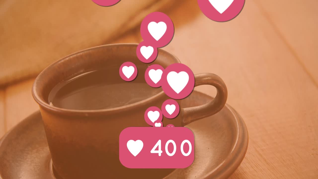 Animatie van harten over een kop koffie