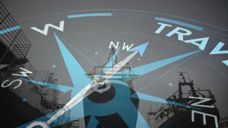 animación de brújula con flecha que señala el texto de viaje sobre los barcos en el puerto