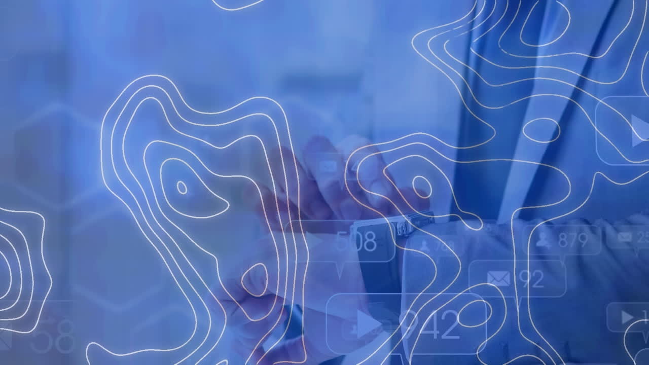 Animation of isohypses over hands of caucasian businessman using smartwatch