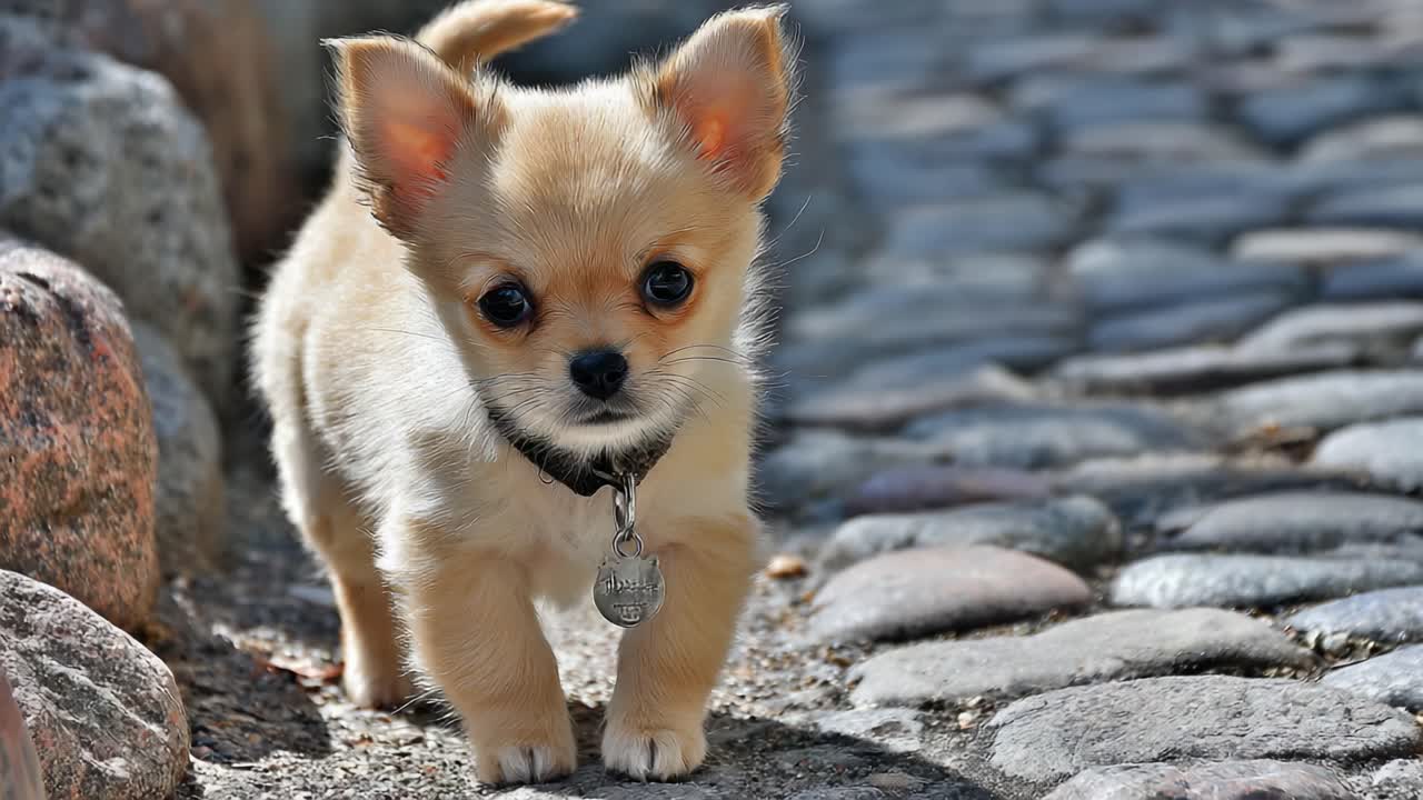 Adorable Chihuahua Puppy Exploring Cobblestone Pathway in Bright Daylight, Showcasing Curiosity and Playfulness in a Charming Outdoor Setting