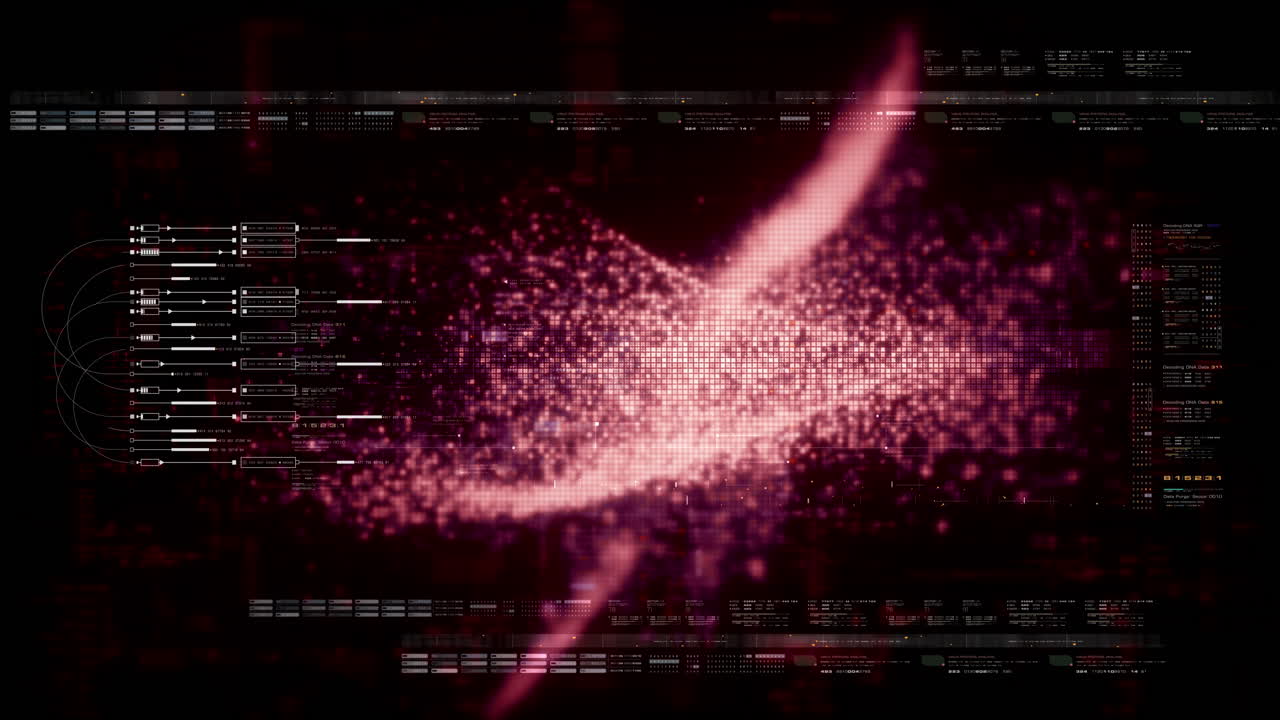 Abstract particle motion with vibrant colors, digital flowing particles, VR, futuristic sci-fi, tech innovation, and immersive cyber space background