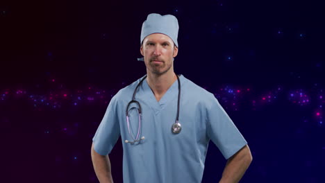 animación de un médico caucásico sobre puntos de luz en un fondo negro