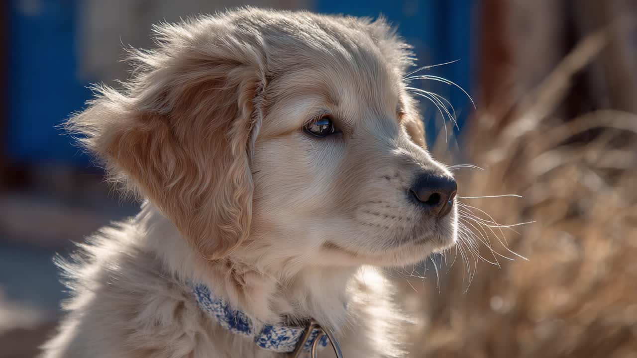 Ein verspielter Golden Retriever Welpe in einer sonnigen Außenumgebung, festgehalten in einem süßen Moment der Neugier und Unschuld, umgeben von Natur.