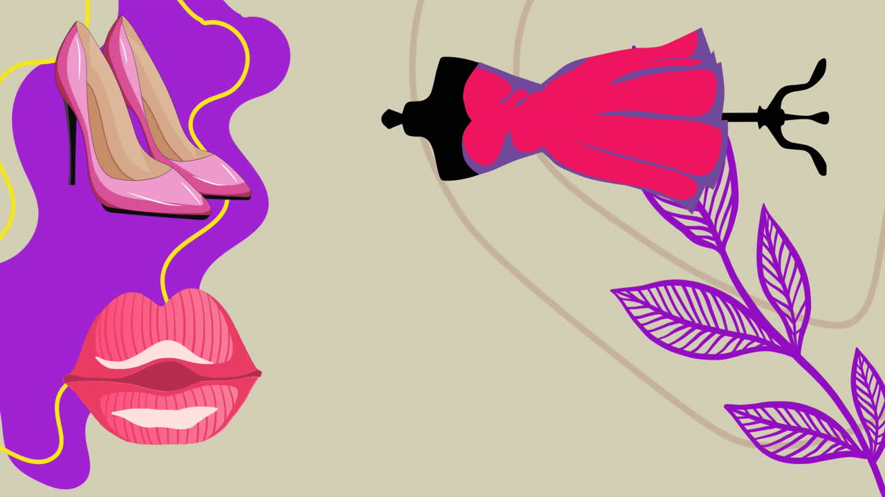 Animação de vestido rosa, sapatos e lábios sobre folhas roxas e formas abstratas em fundo bege.