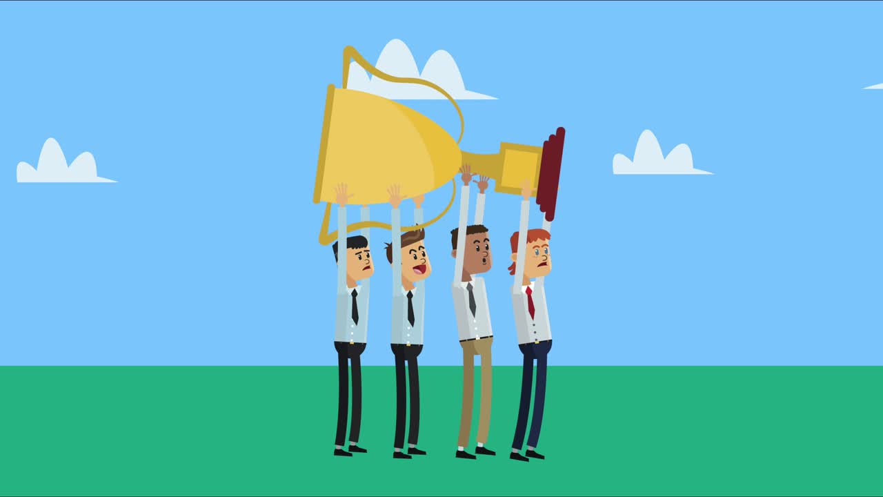 인종 간 사업가 들 이 캠프 에서 트로피 컵 을 들어 올리고 있다