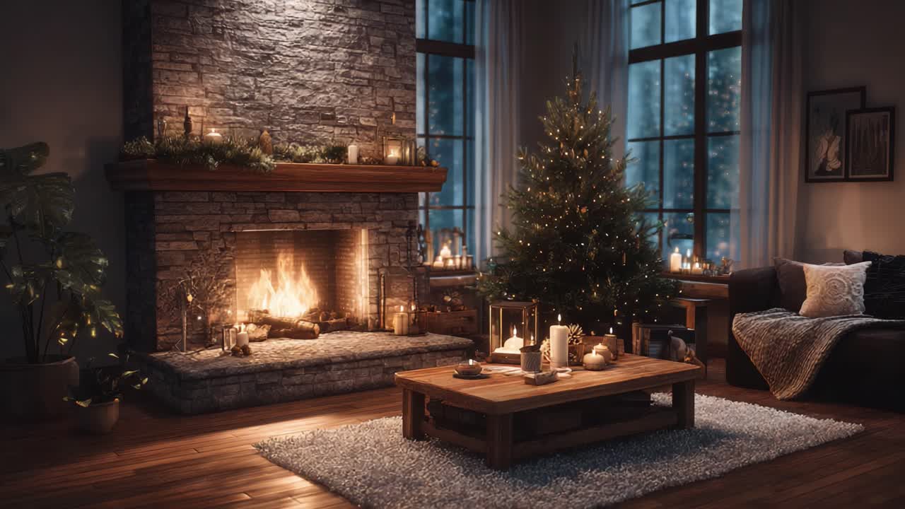 A Cozy Winter Evening Scene with a Glowing Fireplace, a Beautifully Decorated Christmas Tree, and Soft Lighting Creating a Warm Atmosphere