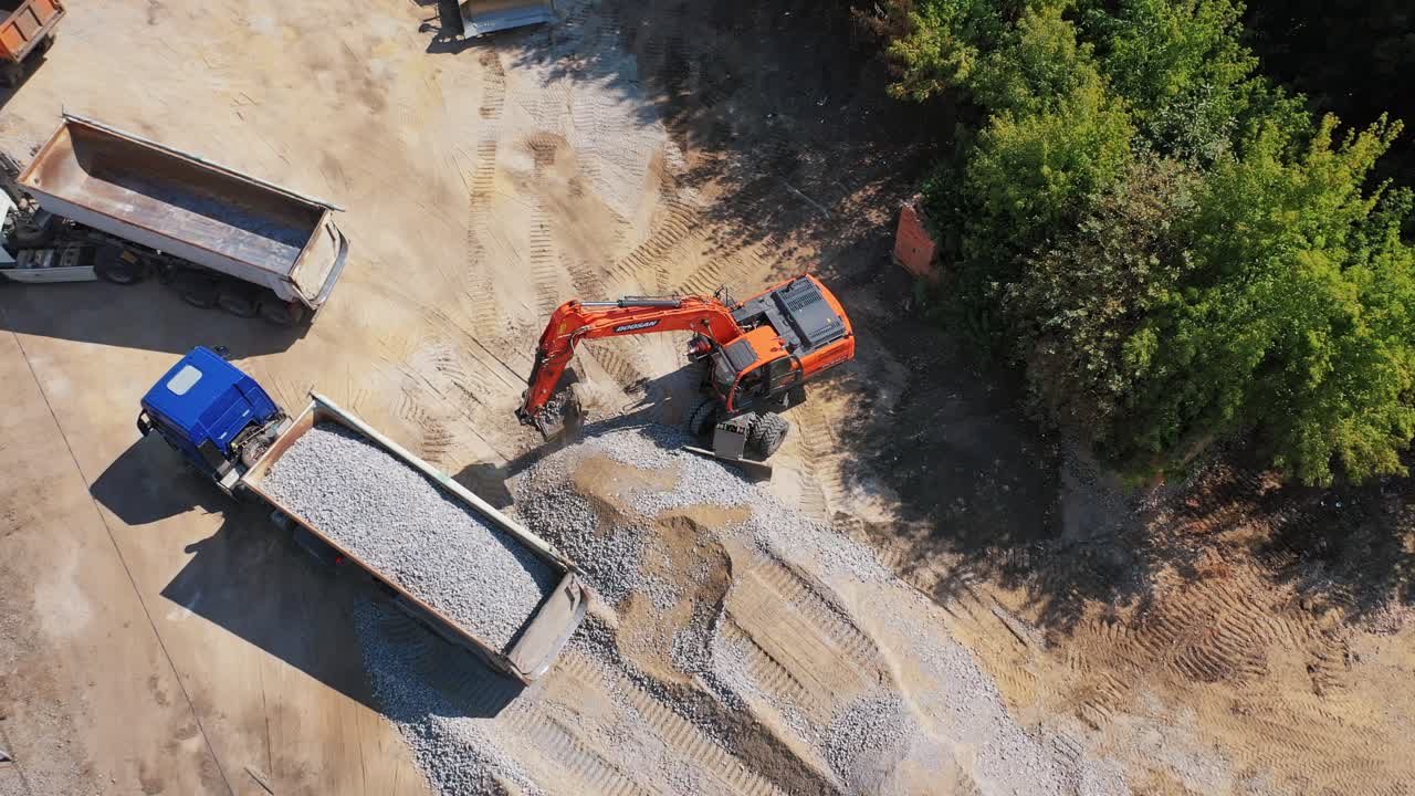 Construction road place. Aerial view of construction of new road in suburban area