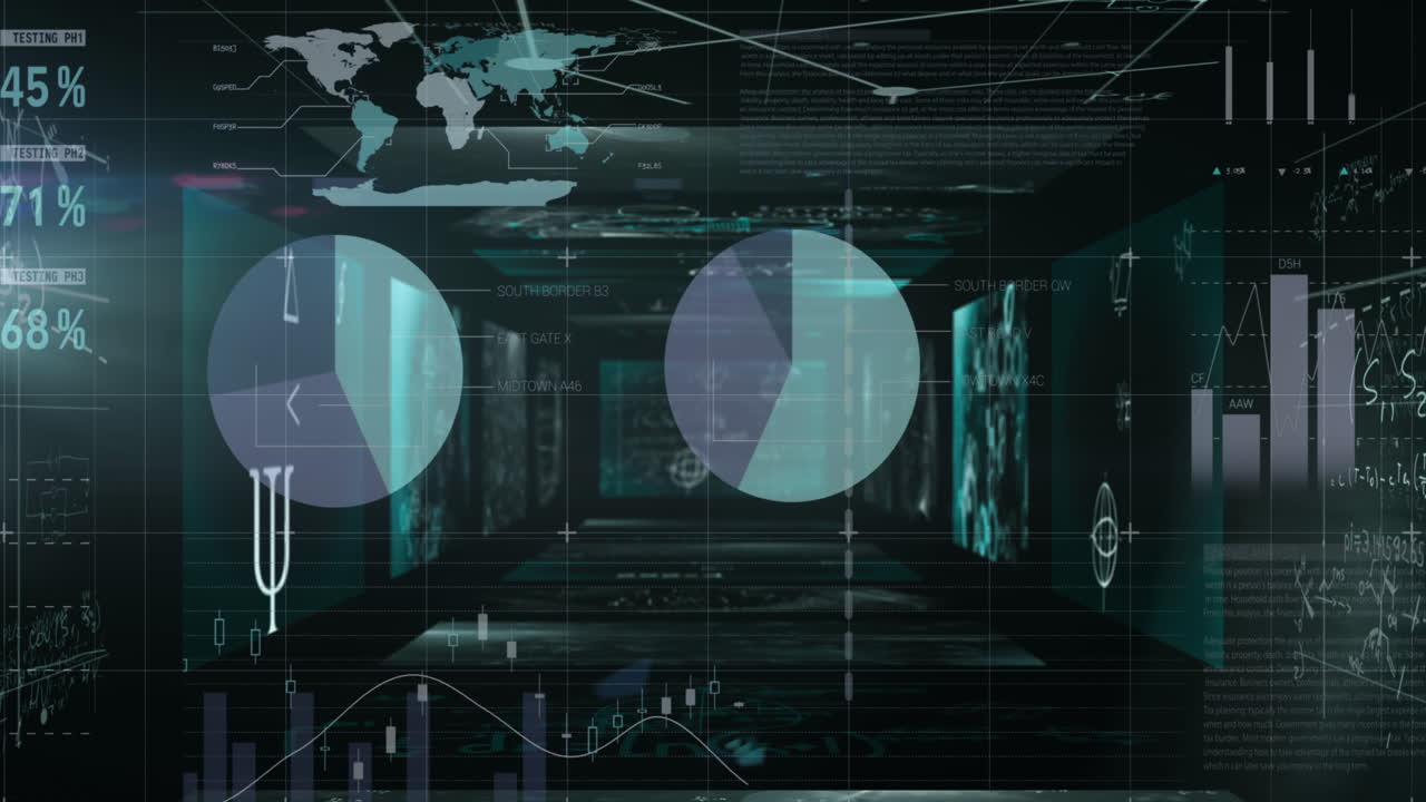 과학자들의 애니메이션 화면과 그래프가 파란색 바탕에 있습니다.