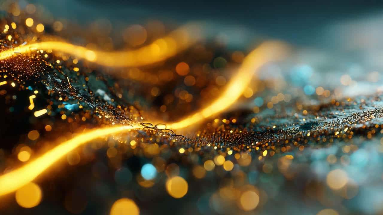 Un primo piano ipnotico di motivi luminosi vibranti e fluenti, intrecciati con particelle scintillanti, che crea un'esperienza visiva surreale e dinamica che cattura l'immaginazione e invita all'esplorazione