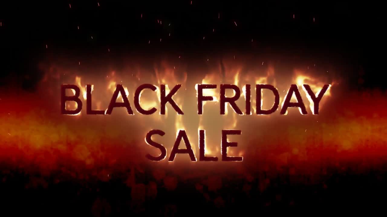 검은 배경 위에 불타는 불꽃에서 블랙 프라이데이 판매 텍스트의 애니메이션