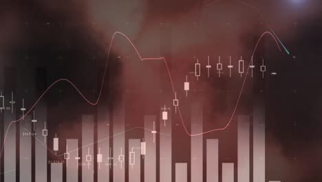 vídeo compuesto del procesamiento de datos estadísticos contra nubes de humo con fondo rojo