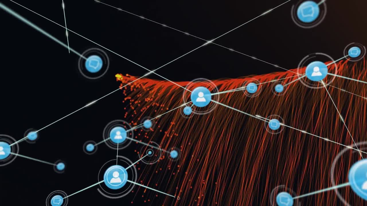 Animation of network of connections with digital icons over red light trails