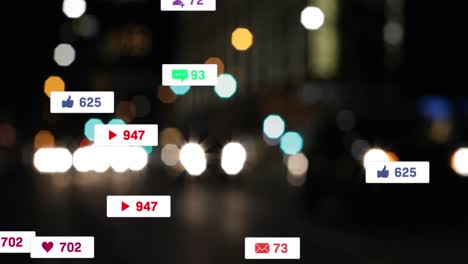 소셜 미디어 아이콘과 숫자의 애니메이션 초점 밖의 도시 및 교통 신호등