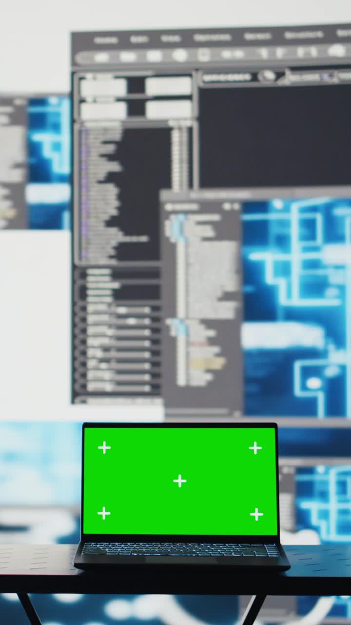 Vertical Video Laptop running isolated mockup screen next to AI neural networks system