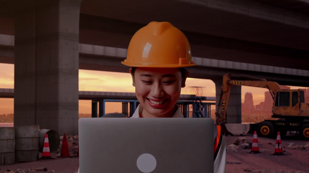 Nærbillede af asiatisk kvindelig ingeniør med sikkerhedshjelm, der arbejder på en bærbar computer, mens hun står på en motorvejsbyggeplads