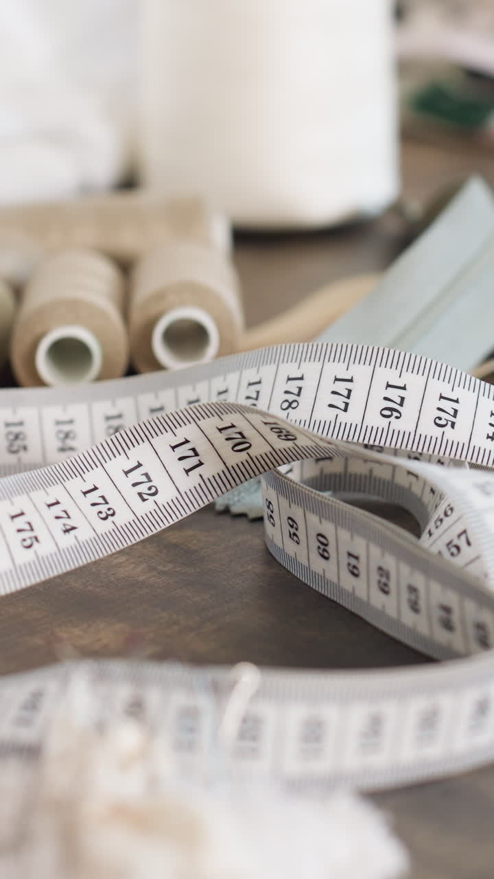 looped measuring tape on tabletop with spools and pincushion, shallow depth of field, numeric markings in focus, neutral palette, organized workspace vibe for pattern cutting and precision tailoring