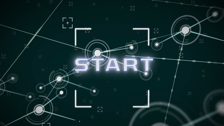 Animation of viewfinders with start text and connected dots on abstract background