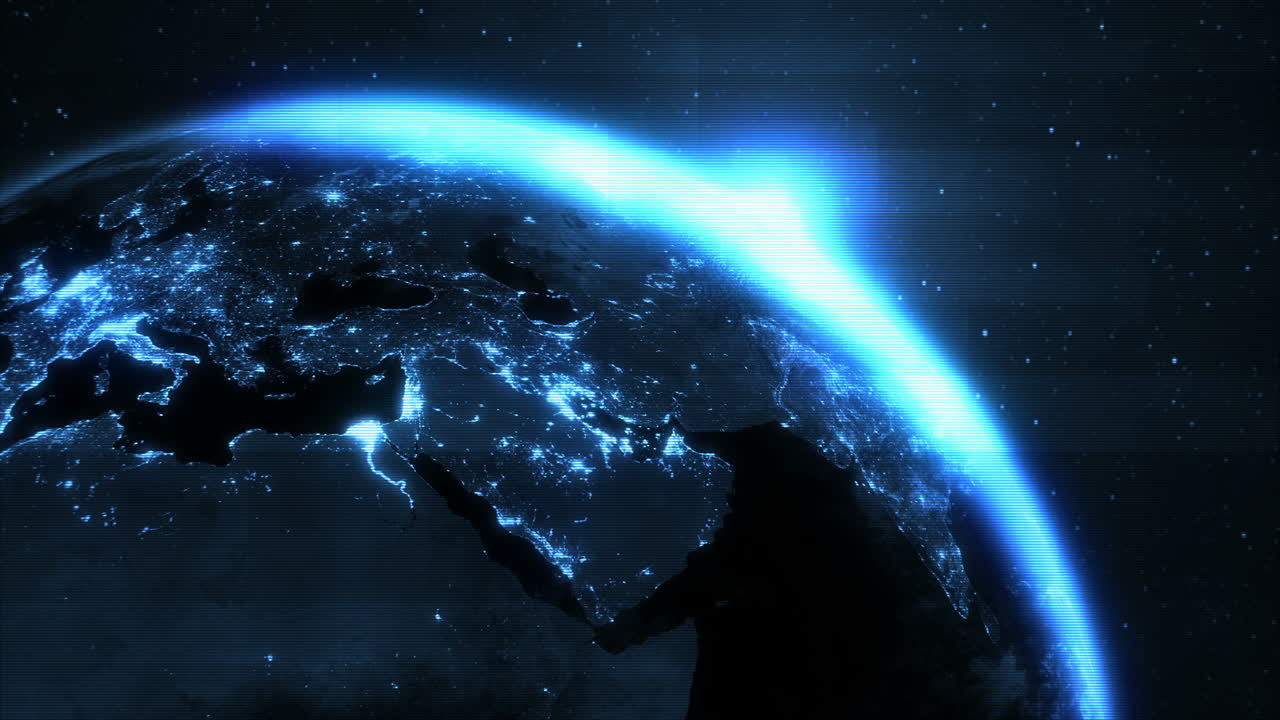 공간에서 회전하는 지구 위로 일출의 vfx 홀로그램 애니메이션