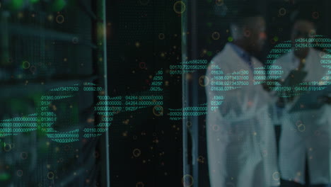 Animation of data processing over african american workers in server room