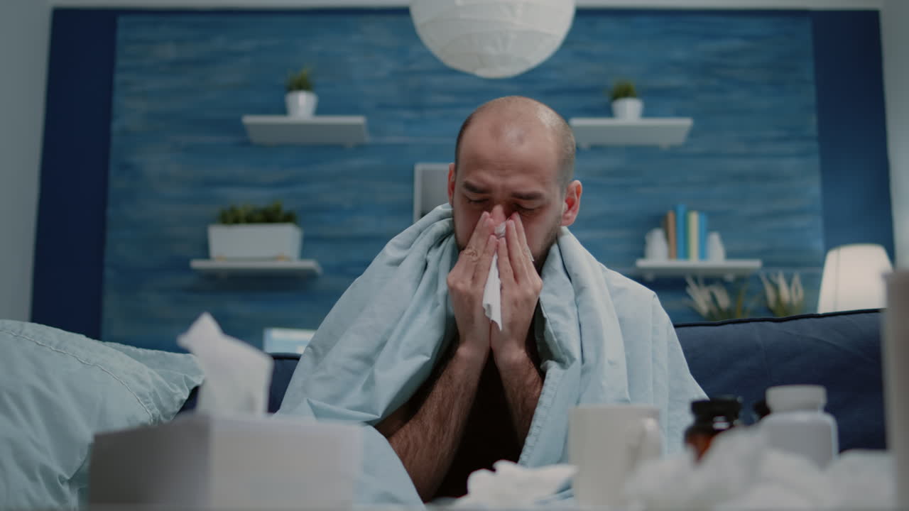 Close up of man with cold and flu blowing runny nose