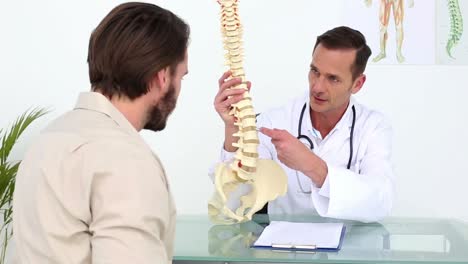 médico mostrando a su paciente un modelo de columna vertebral del esqueleto