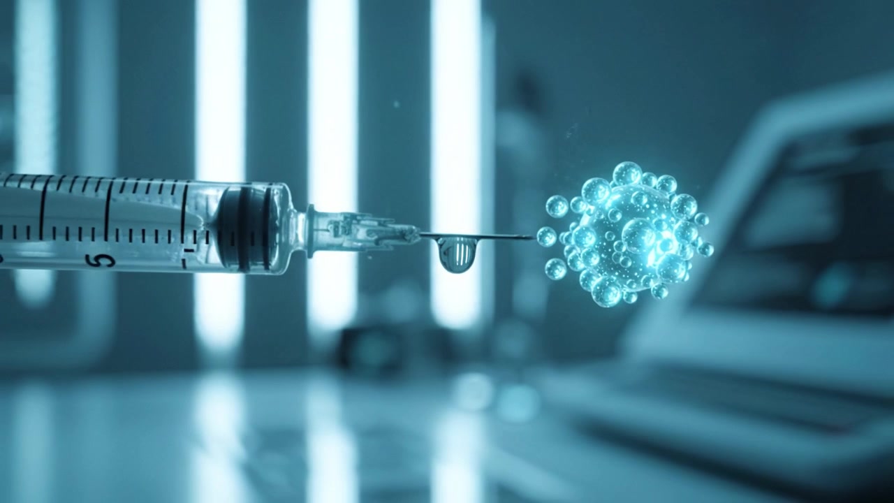 A close-up of a syringe preparing to inject a microscopic virus, showcasing a blue glow around the virus and the syringe in a high-tech environment with glowing elements.