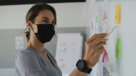 caucasian businesswoman wearing face mask, making notes