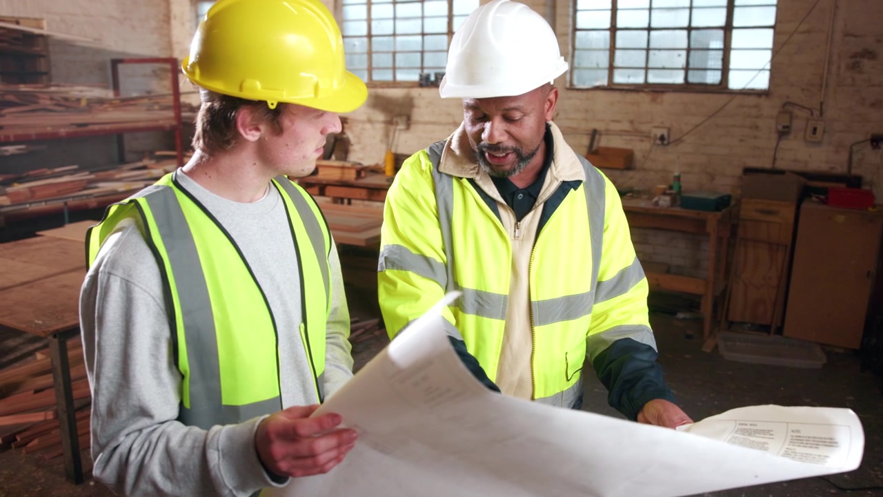 Two Construction Workers Reviewing Blueprints in a Workshop