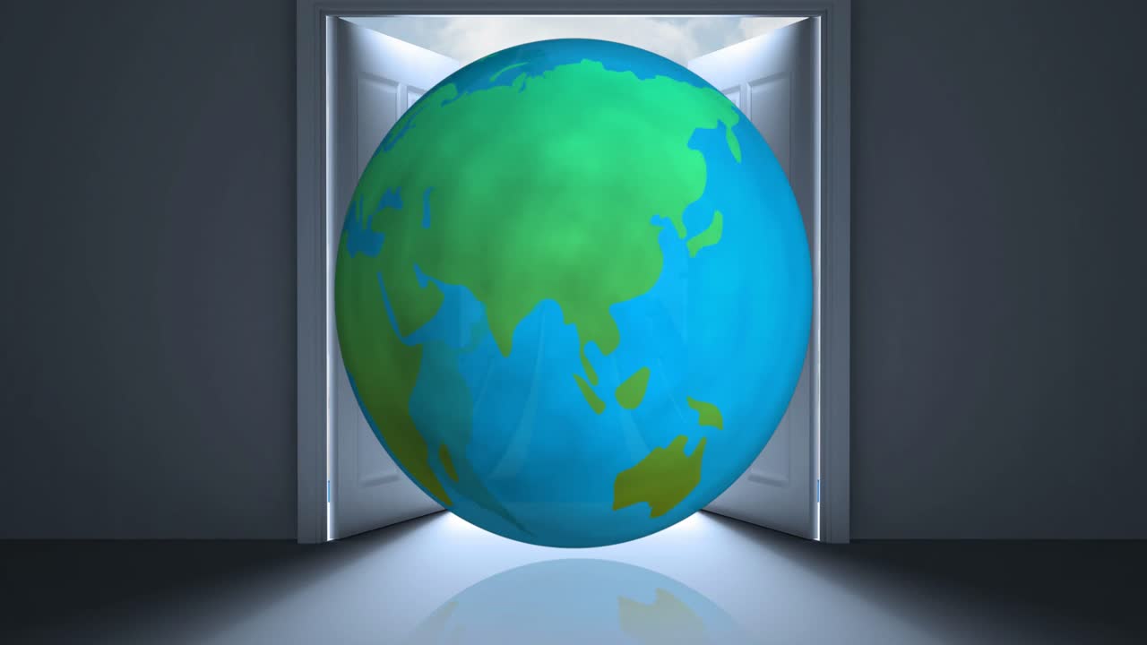 개방된 문 4k 앞의 어두운 방에서 전 세계를 돌리는