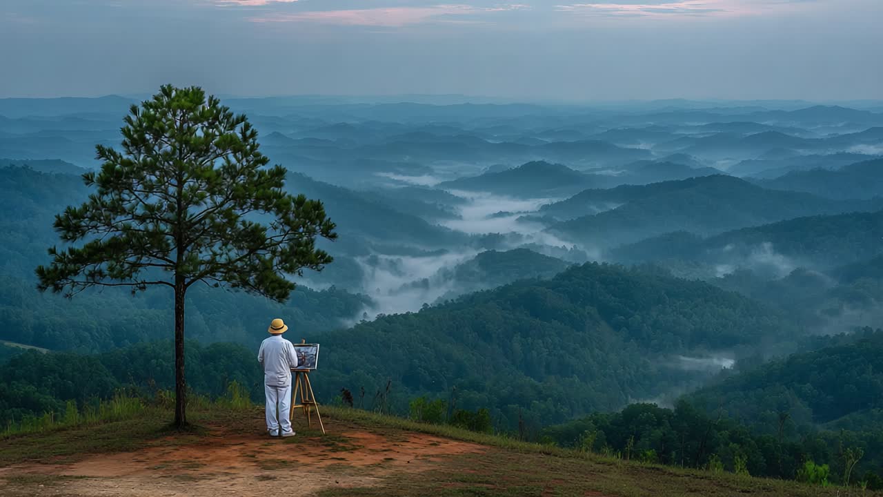 A Scenic Artist's Retreat: Capturing the Serene Beauty of Misty Mountains from an Elevated Viewpoint with a Canvas and Brush