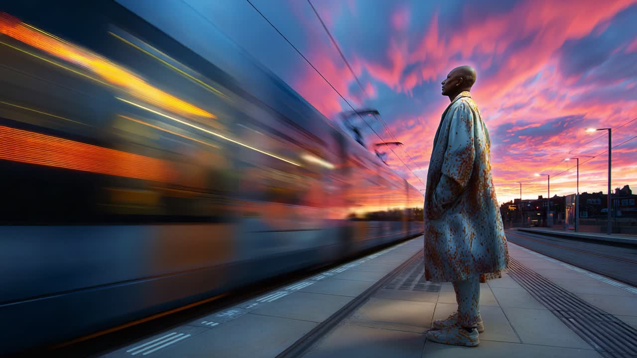 A solitary figure stands on a train platform under a dramatic sky, capturing the essence of anticipation and solitude as the vibrant sunset colors frame the scene beautifully