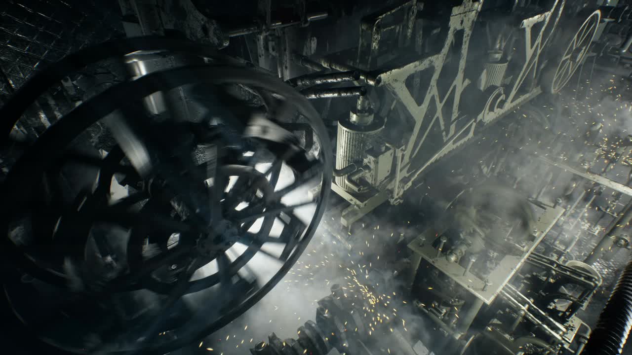 una vieja fábrica con mecánicas steampunk de estilo vintage. el concepto de mecánicas de steampunk y viejos motores de trabajo. animación en bucle ideal para antecedentes vintage, ciencia ficción y tecnológicos.