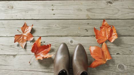 video of autumn shoes and leaves on wooden background