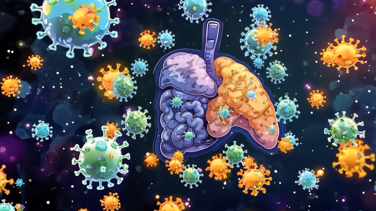 A cartoon of a lung with a virus in it. The lung is split into two parts, one of which is orange and the other is blue. The virus is spread throughout the lung