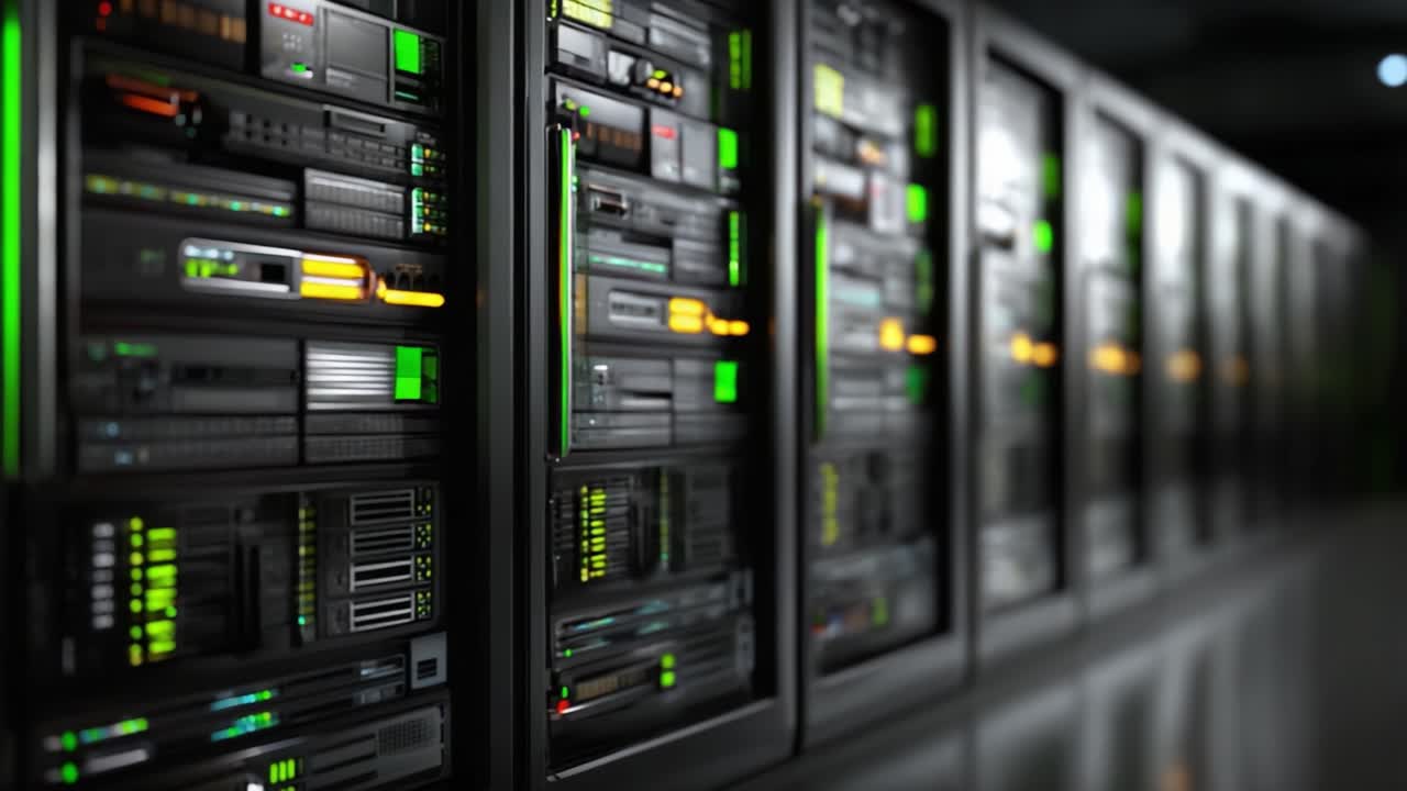 A Close-Up View of High-Tech Server Racks Featuring Advanced Data Storage and Processing Capabilities with LED Indicators, Highlighting Modern Computing Infrastructure and Connectivity