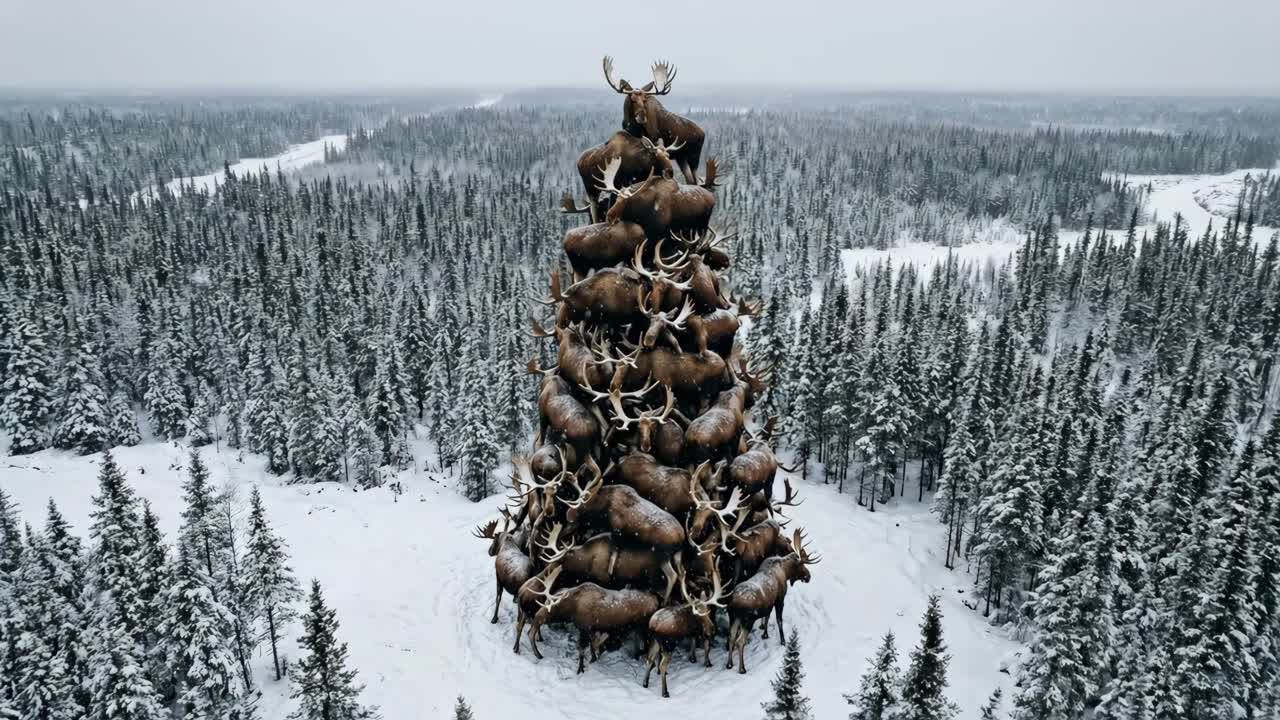 Et surrealistisk juletræ lavet af stablede elge i en sneklædt skov