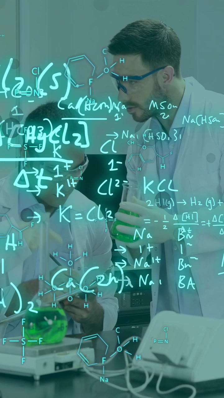 Vertical video: Right chemist tilting beaker causing teal formula overlay, left chemist noting data