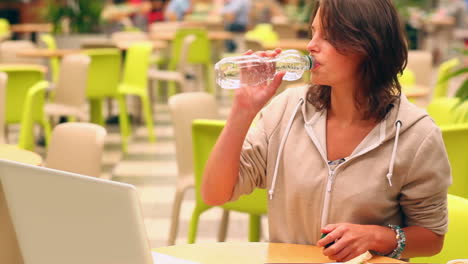 Happy-student-studying-and-drinking-water-in-canteen