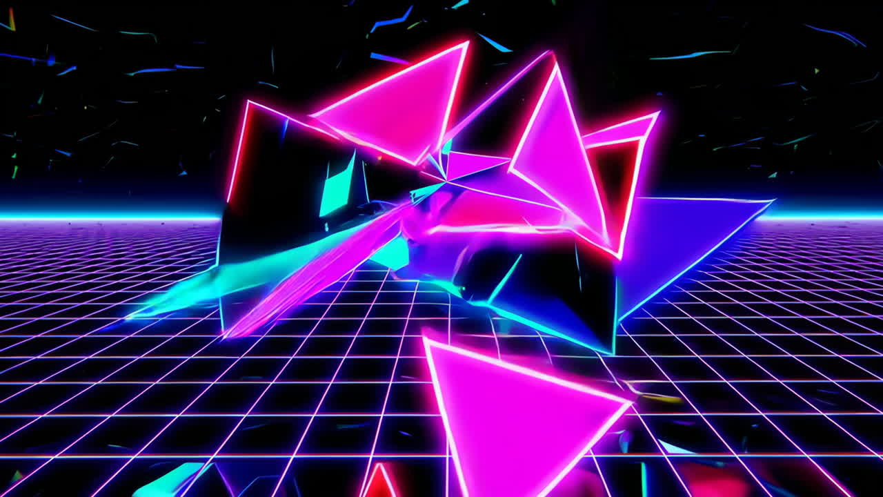 Triangoli al neon vivaci in un paesaggio a griglia retrò