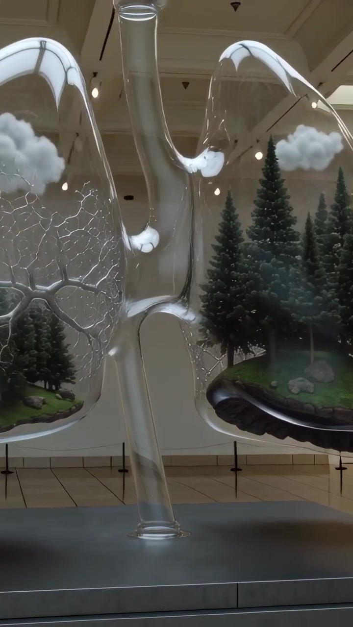Video verticale: Ripresa panoramica che rivela una scultura in vetro a due camere in una galleria, mostrando dei piccoli abeti all'interno
