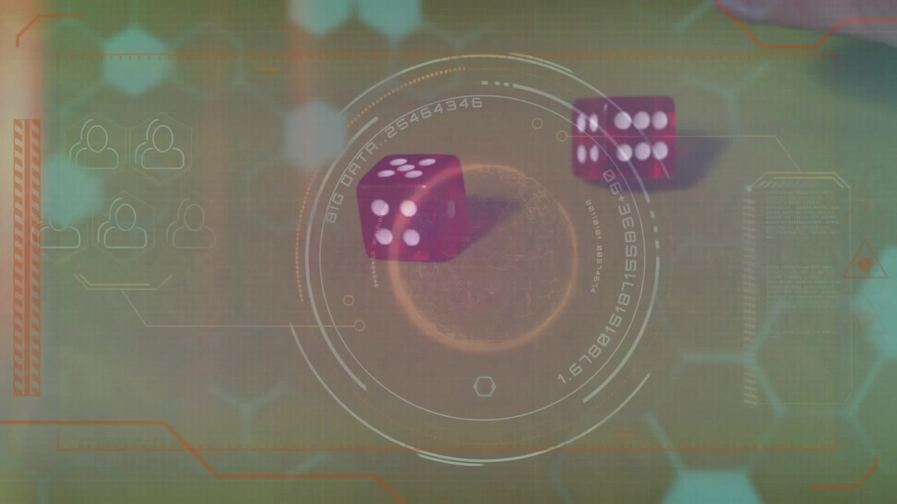 Animation af databehandling og en globus over terninger.