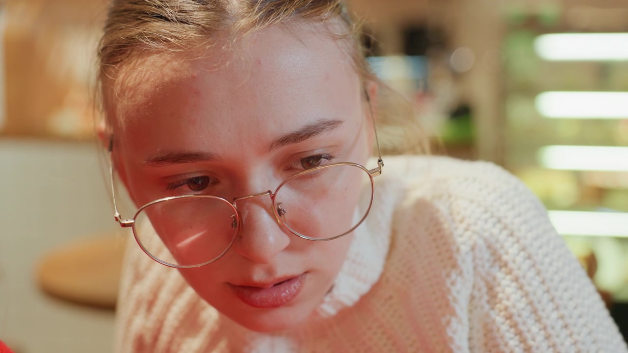 Close-up van een jonge vrouw met bril die geconcentreerd naar beneden kijkt
